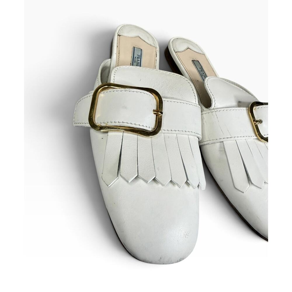 Prada White Leather Fringe Buckle Mules Flats IT 39 US 9 Gold Hardware - Picture 4 of 11